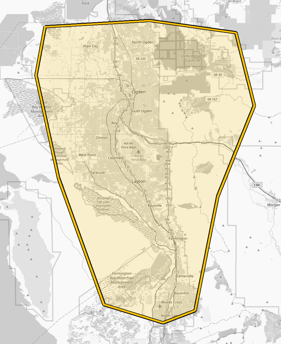 Map of the service area: the Weber and Davis County corridor from North Ogden and Plain City south to North Salt Lake, outlined in yellow